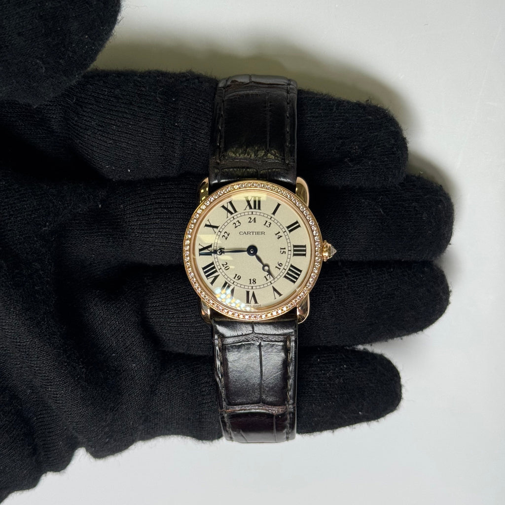 Cartier Ronde Louis 28mm 18K Rose Gold Cream Roman Dial Watch Factory Diamond Bezel With Black Leather Strap REF# 2886
