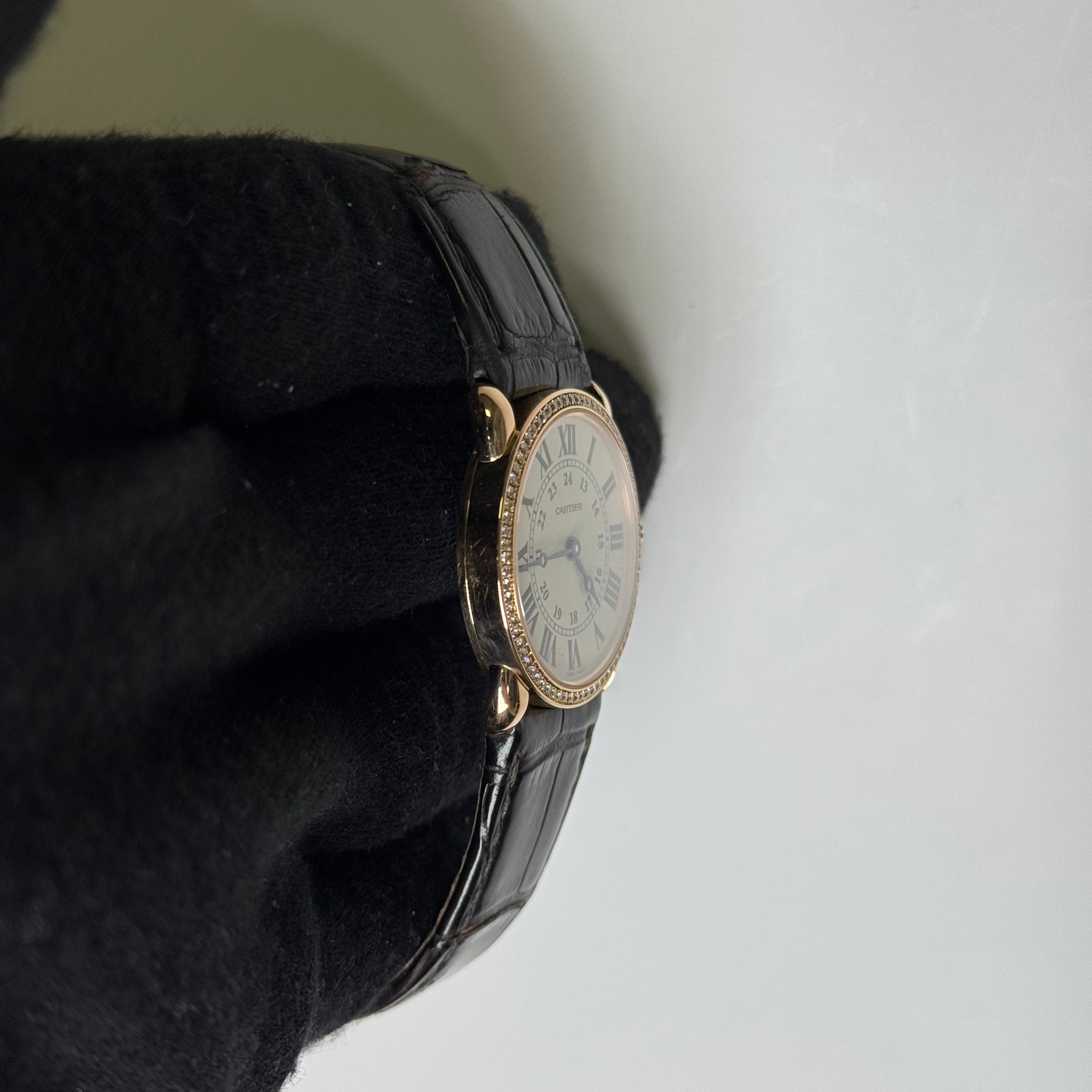Cartier Ronde Louis 28mm 18K Rose Gold Cream Roman Dial Watch Factory Diamond Bezel With Black Leather Strap REF# 2886