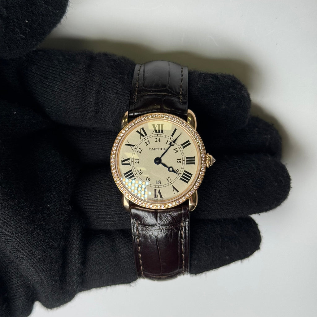 Cartier Ronde Louis 28mm 18K Rose Gold Cream Roman Dial Watch Factory Diamond Bezel With Black Leather Strap REF# 2886