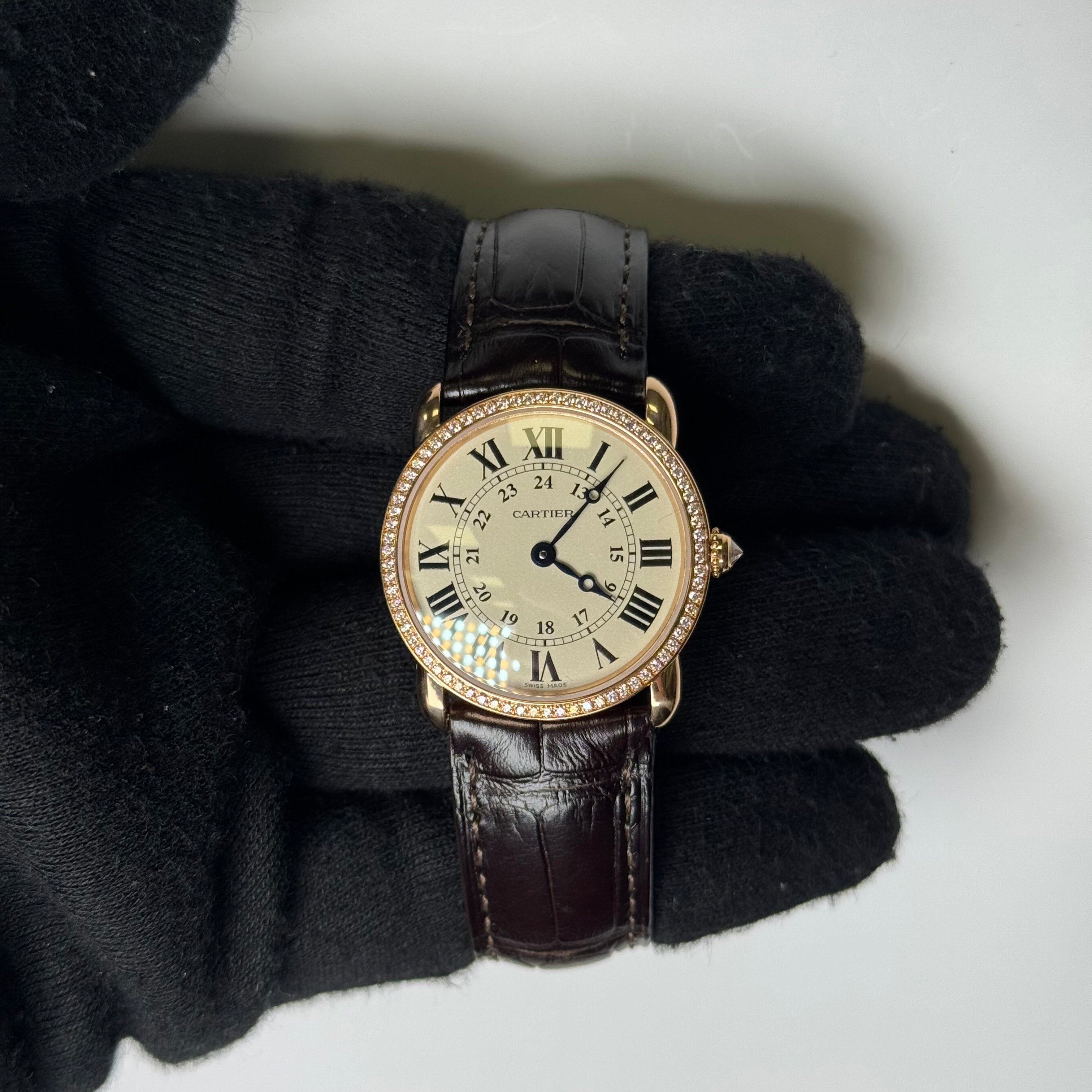 Cartier Ronde Louis 28mm 18K Rose Gold Cream Roman Dial Watch Factory Diamond Bezel With Black Leather Strap REF# 2886