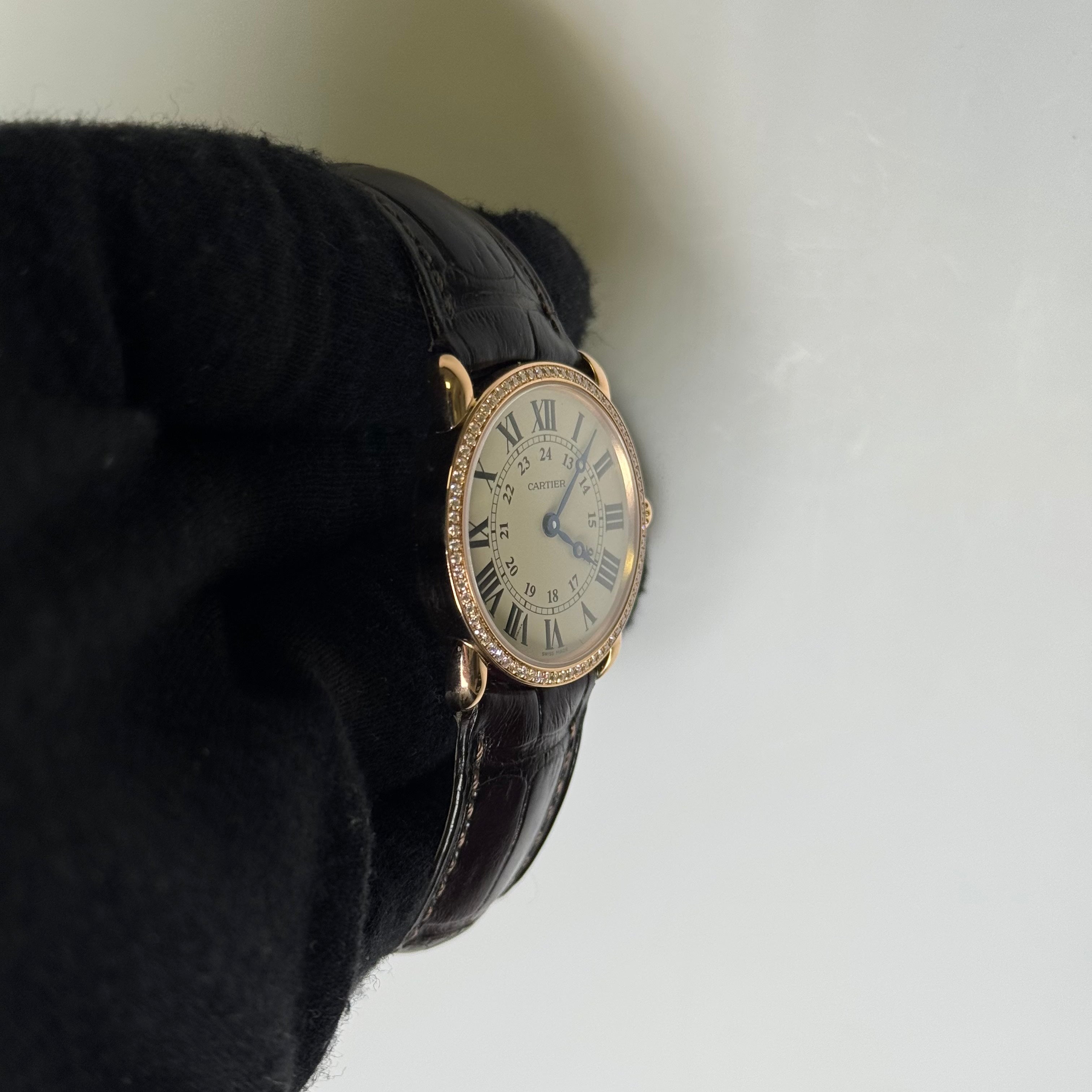 Cartier Ronde Louis 28mm 18K Rose Gold Cream Roman Dial Watch Factory Diamond Bezel With Black Leather Strap REF# 2886
