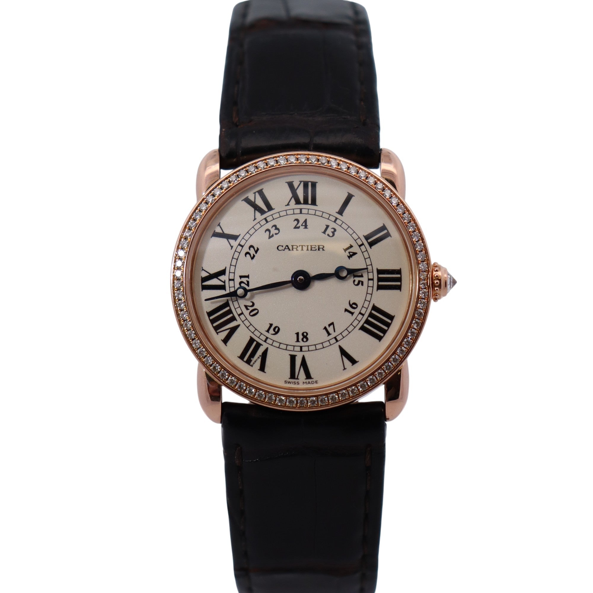 Cartier Ronde Louis 28mm 18K Rose Gold Cream Roman Dial Watch Factory Diamond Bezel With Black Leather Strap REF# 2886